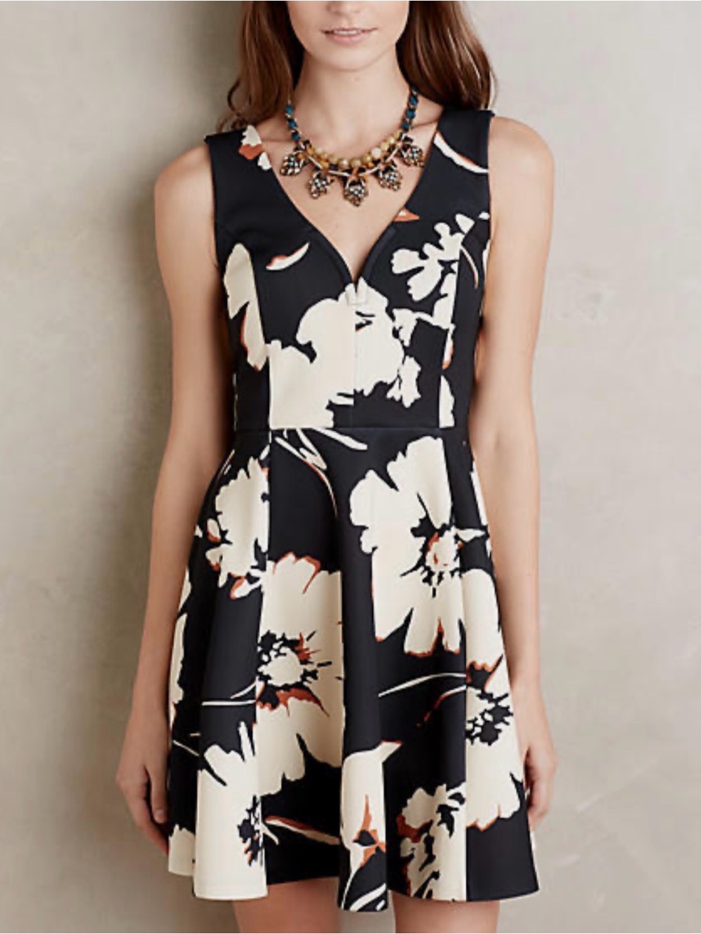 Maeve Black & Cream Floral V-Neck Fit-and-Flare Mini Dress